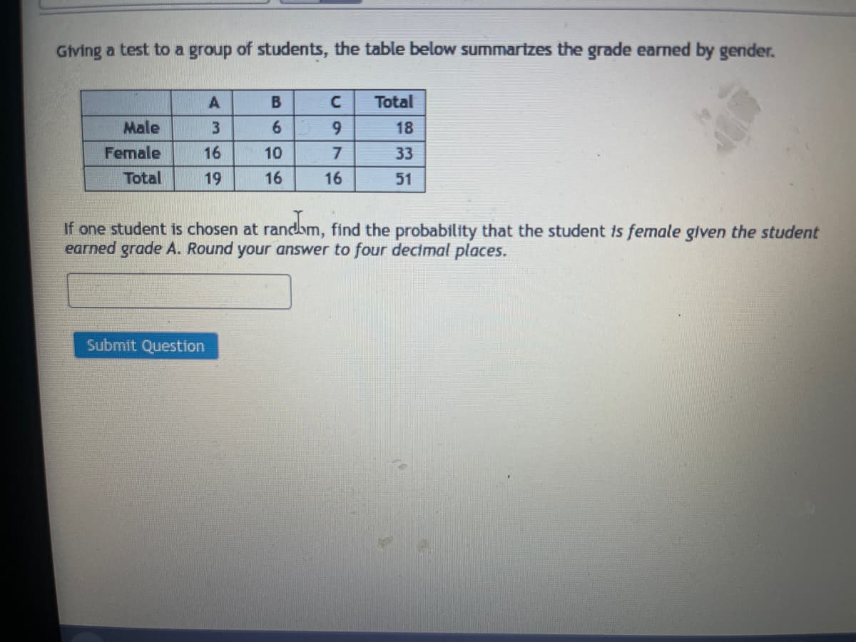 Giving a test to a group of students, the table below summarizes the grade earned by gender.
Male
Female
Total
A
3
16
19
B
6
Submit Question
10
16
C
9
7
16
Total
18
33
51
If one student is chosen at random, find the probability that the student is female given the student
earned grade A. Round your answer to four decimal places.