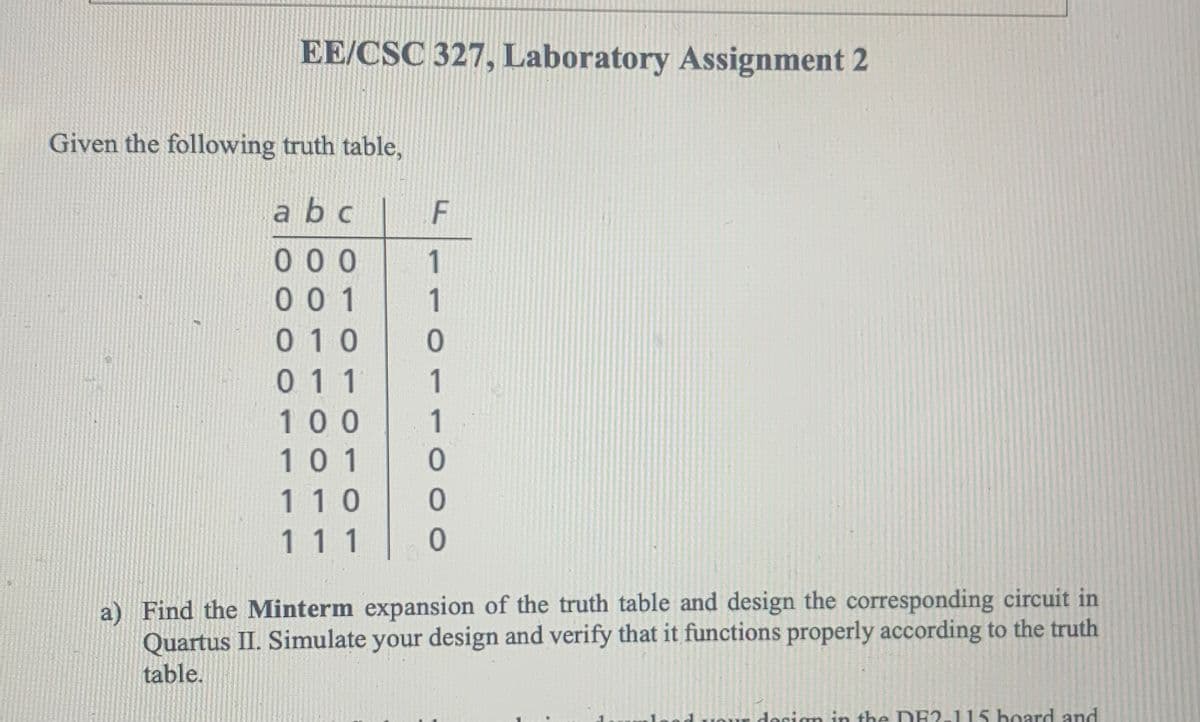 EE/CSC 327, Laboratory Assignment 2
Given the following truth table,
a b c
000
1
001 1
F
010 0
011
1
100 1
101
0
110 0
111 0
a) Find the Minterm expansion of the truth table and design the corresponding circuit in
Quartus II. Simulate your design and verify that it functions properly according to the truth
table.
in the DF2-115 board and
