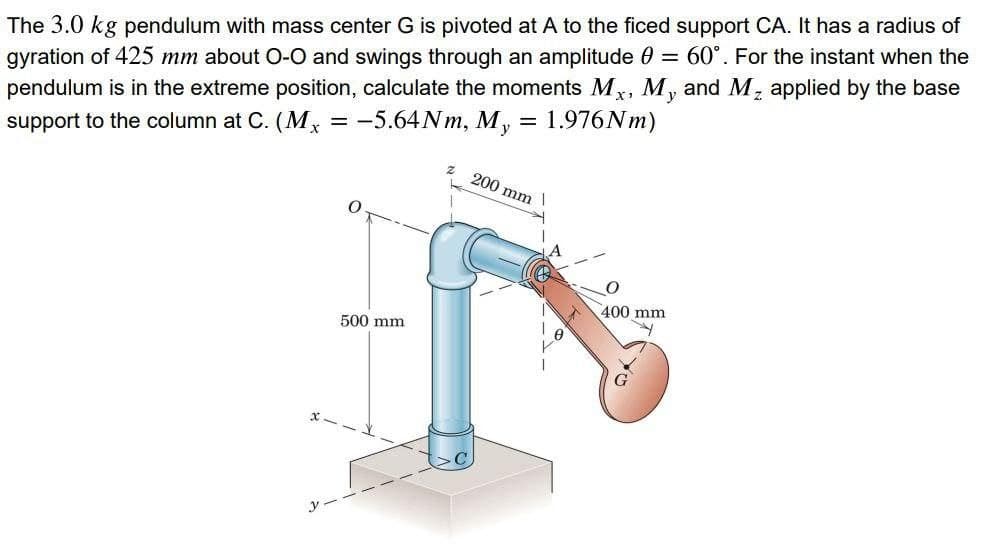 The 3.0 kg pendulum with mass center G is pivoted at A to the ficed support CA. It has a radius of
gyration of 425 mm about O-O and swings through an amplitude 0 = 60°. For the instant when the
pendulum is in the extreme position, calculate the moments M,, M, and M, applied by the base
support to the column at C. (Mx = -5.64NM, M, = 1.976NM)
200 mm
400 mm
500 mm
