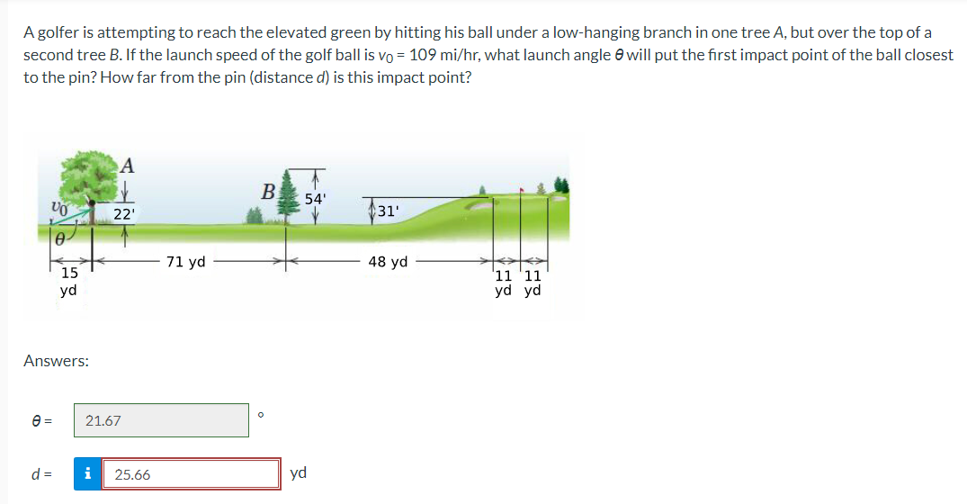 A golfer is attempting to reach the elevated green by hitting his ball under a low-hanging branch in one tree A, but over the top of a
second tree B. If the launch speed of the golf ball is vo= 109 mi/hr, what launch angle will put the first impact point of the ball closest
to the pin? How far from the pin (distance d) is this impact point?
VO
e=
15
Answers:
d=
yd
A
22'
21.67
i 25.66
71 yd
B
54'
yd
31'
48 yd
11 '11
yd yd