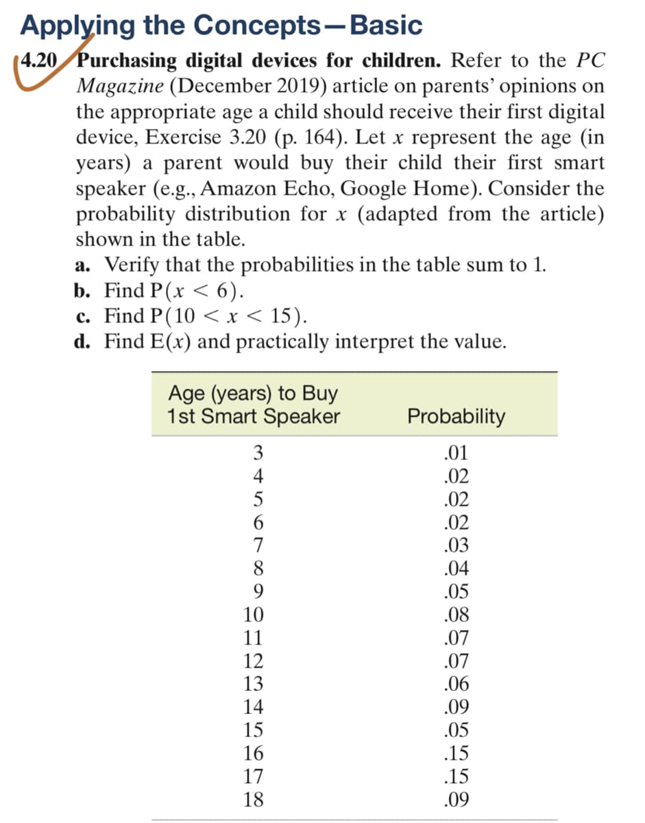 Applying the Concepts-Basic
(4.20 Purchasing digital devices for children. Refer to the PC
Magazine (December 2019) article on parents' opinions on
the appropriate age a child should receive their first digital
device, Exercise 3.20 (p. 164). Let x represent the age (in
years) a parent would buy their child their first smart
speaker (e.g., Amazon Echo, Google Home). Consider the
probability distribution for x (adapted from the article)
shown in the table.
a. Verify that the probabilities in the table sum to 1.
b. Find P(x < 6).
c. Find P(10 < x < 15).
d. Find E(x) and practically interpret the value.
Age (years) to Buy
1st Smart Speaker
3
5
7
9
10
11
12
13
14
15
5678
16
17
18
Probability
.01
.02
.02
.02
.03
.04
.05
.08
.07
.07
.06
.09
.05
.15
.15
.09
