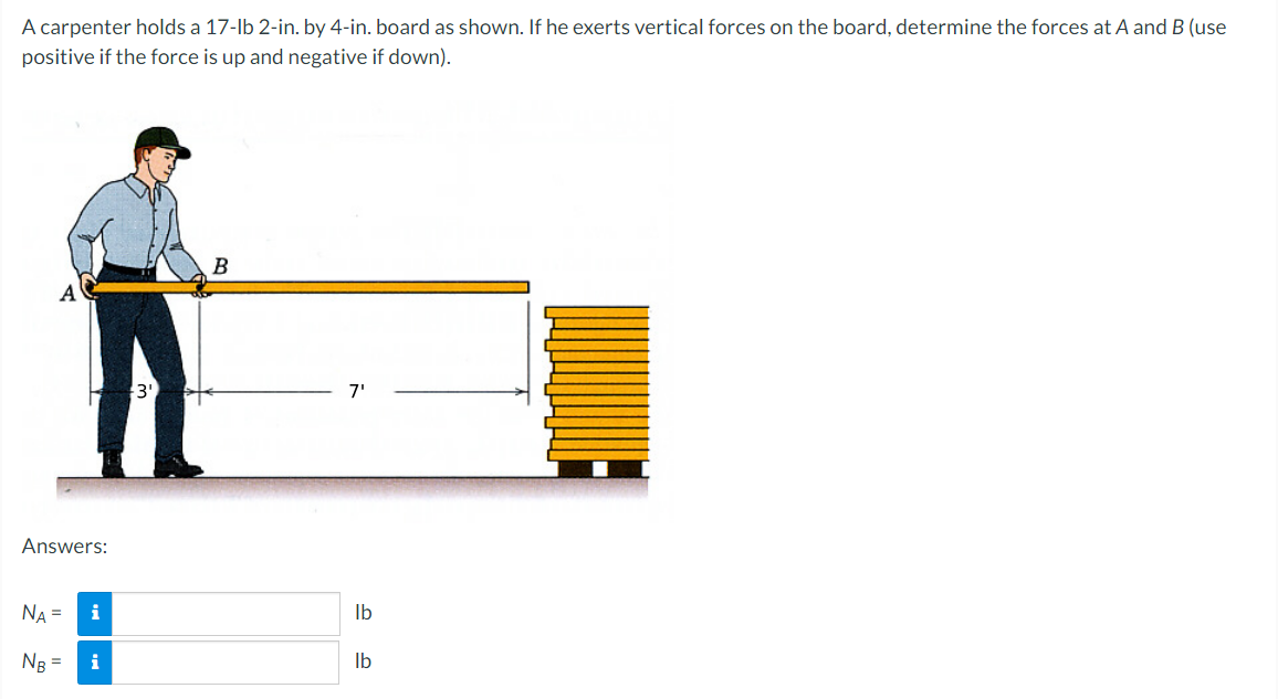 A carpenter holds a 17-lb 2-in. by 4-in. board as shown. If he exerts vertical forces on the board, determine the forces at A and B (use
positive if the force is up and negative if down).
A
Answers:
NA =
NB = i
i
3'
B
7'
lb
lb