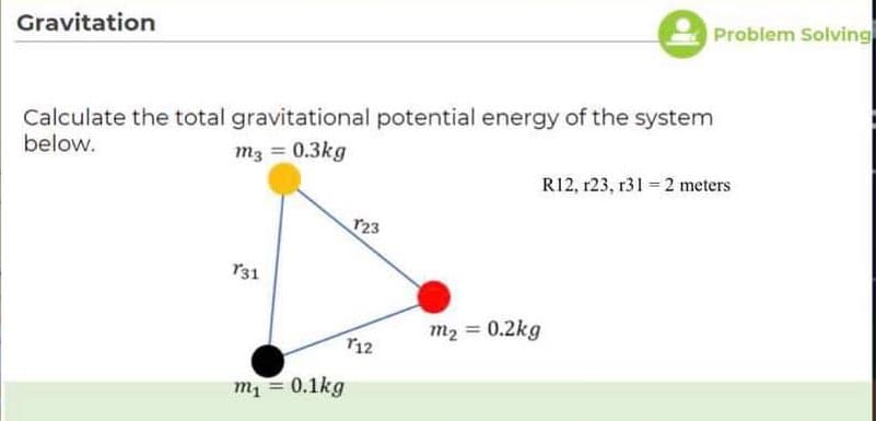 Gravitation
Calculate the total gravitational potential energy of the system
below.
m3 = 0.3kg
131
m₁ = 0.1kg
123
112
m₂ = 0.2kg
Problem Solving
R12, 123, r31= 2 meters