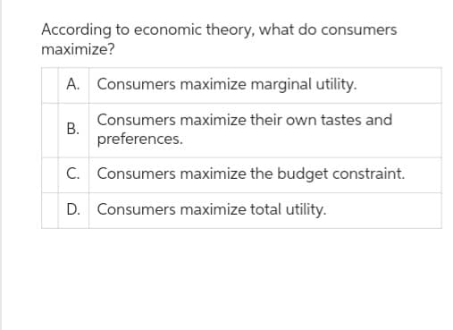 According to economic theory, what do consumers
maximize?
A. Consumers maximize marginal utility.
Consumers maximize their own tastes and
preferences.
C. Consumers maximize the budget constraint.
D. Consumers maximize total utility.
B.