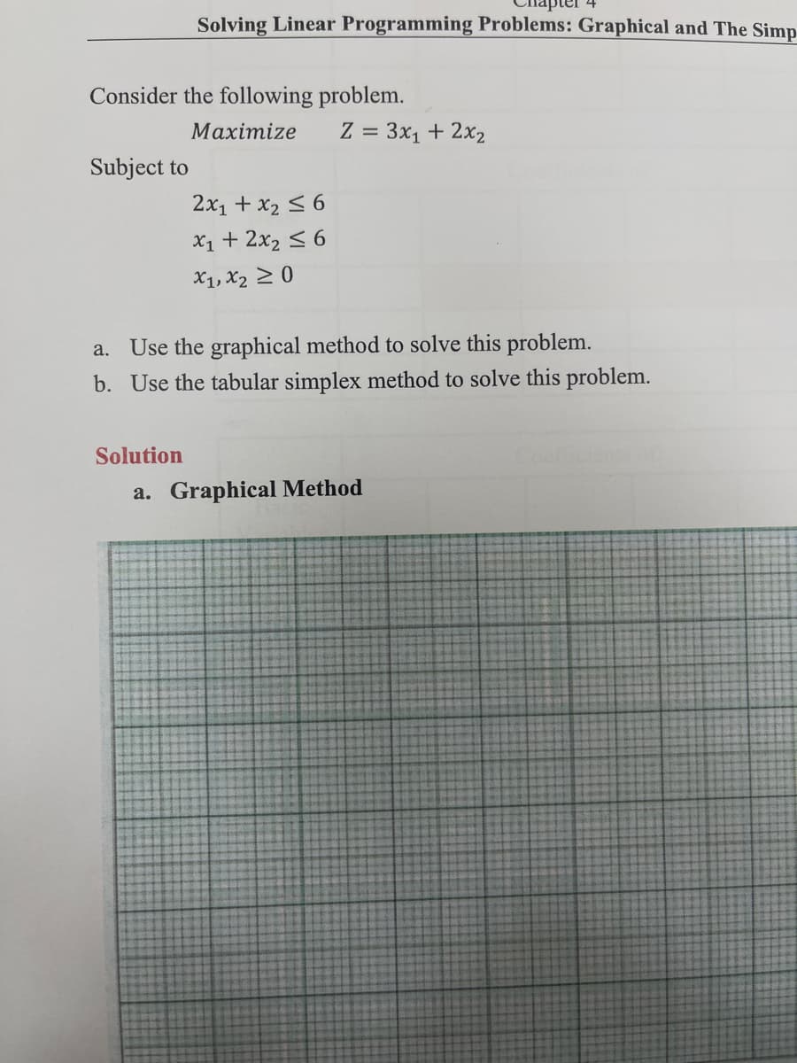 Consider the following problem.
Maximize
Subject to
Solving Linear Programming Problems: Graphical and The Simp
Solution
2x₁ + x₂ ≤ 6
x₁ + 2x₂ ≤ 6
X1, X₂ ≥ 0
Z = 3x₁ + 2x₂
a. Use the graphical method to solve this problem.
b. Use the tabular simplex method to solve this problem.
a. Graphical Method