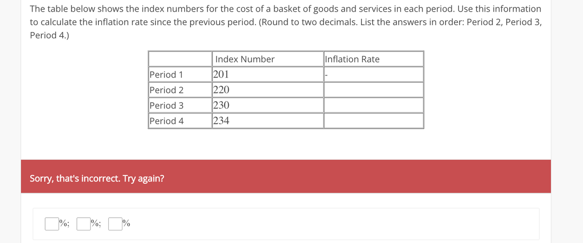 The table below shows the index numbers for the cost of a basket of goods and services in each period. Use this information
to calculate the inflation rate since the previous period. (Round to two decimals. List the answers in order: Period 2, Period 3,
Period 4.)
Period 1
Period 2
Period 3
Period 4
Sorry, that's incorrect. Try again?
]%; %; %
Index Number
201
220
230
234
Inflation Rate