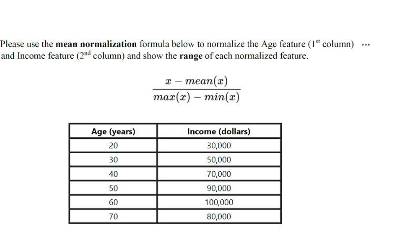 Please use the mean normalization formula below to normalize the Age feature (1st column)
and Income feature (2nd column) and show the range of each normalized feature.
Ꮖ
mean(x)
-
max(x) — min(x)
Age (years)
Income (dollars)
20
30,000
30
50,000
40
70,000
50
90,000
60
100,000
70
80,000