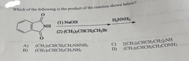 Which of the following is the product of the reaction shown below?
NH
(1) NaOH
(2) (CH3)2CHCH₂CH₂Br
A) (CH3)2CHCH,CH,NHNH2
B) (CH3)CHCH,CH2NH2
H₂NNH₂
[(CH3)2CHCH₂CH₂)2NH
D) (CH3)2CHCH₂CH₂CONH2
tadle