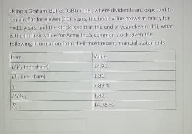 Using a Graham-Buffet (GB) model, where dividends are expected to
remain flat for eleven (11) years, the book value grows at rate g for
n=11 years, and the stock is sold at the end of year eleven (11), what
is the intrinsic value for Acme Inc's common stock given the
following information from their most recent financial statements:
Item
BV (per share)
Do (per share)
9
PBLL
Res
Value
14.91
1.31
7.89%
1.82
14.75%