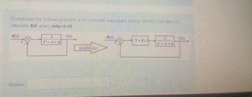 To stabilize the following system a PD controller was added Design the PD controller (e
calculate Kd) when zeta=0.45.
R(s)
Answer:
C(s)
stabilize
R(1)
1+K/S
5
C(s)