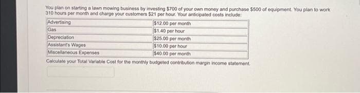 You plan on starting a lawn mowing business by investing $700 of your own money and purchase $500 of equipment. You plan to work
310 hours per month and charge your customers $21 per hour. Your anticipated costs include:
Advertising
Gas
$12.00 per month
$1.40 per hour
$25.00 per month
$10.00 per hour
$40.00 per month
Calculate your Total Variable Cost for the monthly budgeted contribution margin income statement.
Depreciation
Assistant's Wages
Miscellaneous Expenses