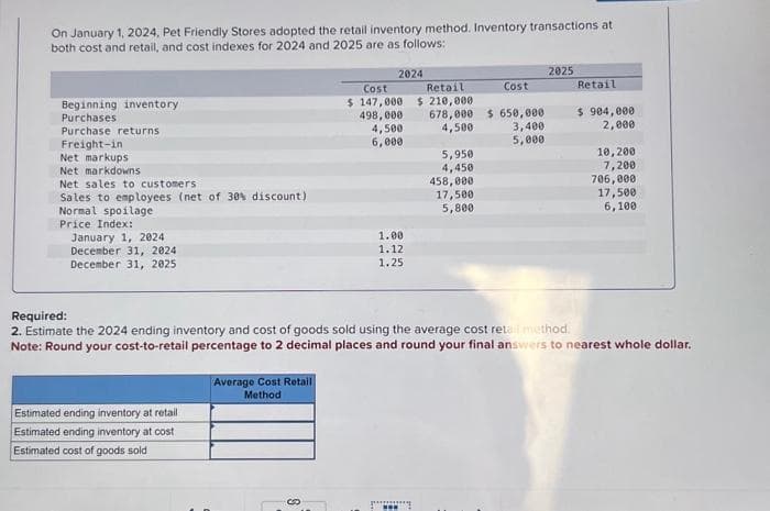 On January 1, 2024, Pet Friendly Stores adopted the retail inventory method. Inventory transactions at
both cost and retail, and cost indexes for 2024 and 2025 are as follows:
Beginning inventory
Purchases
Purchase returns
Freight-in
Net markups
Net markdowns
Net sales to customers
Sales to employees (net of 30% discount)
Normal spoilage
Price Index:
January 1, 2024
December 31, 2024
December 31, 2025
Estimated ending inventory at retail
Estimated ending inventory at cost
Estimated cost of goods sold
2024
Average Cost Retail
Method
Retail
Cost
$147,000 $ 210,000.
498,000
678,000
4,500
4,500
6,000
1.00
1.12
1.25
www
5,950
4,450
458,000
17,500
5,800
***.
Cost
$ 650,000
3,400
5,000
2025
Required:
2. Estimate the 2024 ending inventory and cost of goods sold using the average cost retail method.
Note: Round your cost-to-retail percentage to 2 decimal places and round your final answers to nearest whole dollar.
Retail
$ 904,000
2,000
10, 200
7,200
706,000
17,500
6,100