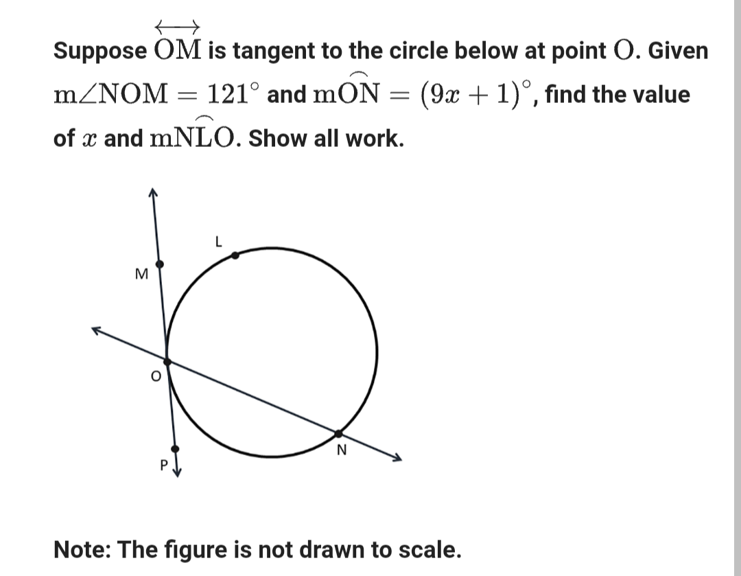 Suppose OM is tangent to the circle below at point O. Given
m/NOM =
121° and mON
(9x + 1)°, find the value
of x and mNLO. Show all work.
M
O
L
N
=
Note: The figure is not drawn to scale.