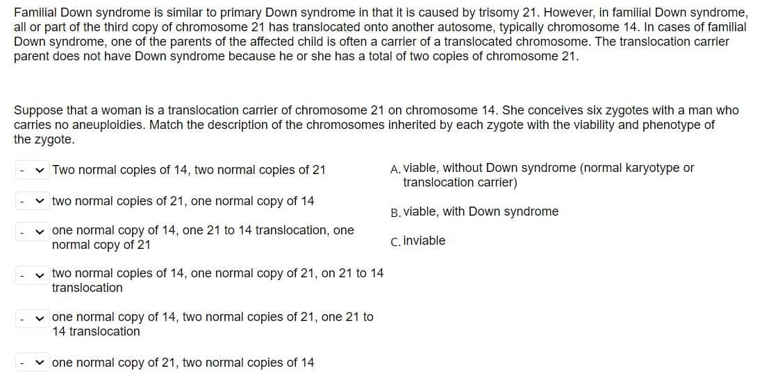 Familial Down syndrome is similar to primary Down syndrome in that it is caused by trisomy 21. However, in familial Down syndrome,
all or part of the third copy of chromosome 21 has translocated onto another autosome, typically chromosome 14. In cases of familial
Down syndrome, one of the parents of the affected child is often a carrier of a translocated chromosome. The translocation carrier
parent does not have Down syndrome because he or she has a total of two copies of chromosome 21.
Suppose that a woman is a translocation carrier of chromosome 21 on chromosome 14. She conceives six zygotes with a man who
carries no aneuploidies. Match the description of the chromosomes inherited by each zygote with the viability and phenotype of
the zygote.
✓ Two normal copies of 14, two normal copies of 21
two normal copies of 21, one normal copy of 14
✓one normal copy of 14, one 21 to 14 translocation, one
normal copy of 21
✓two normal copies of 14, one normal copy of 21, on 21 to 14
translocation
✓one normal copy of 14, two normal copies of 21, one 21 to
14 translocation
✓one normal copy of 21, two normal copies of 14
A. viable, without Down syndrome (normal karyotype or
translocation carrier)
B. viable, with Down syndrome
C. inviable
