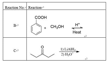 Reaction No. Reaction
COOH
Be
H*
CH;OH
Нeat
1) LIAIH4
2) H;O*
Ce
