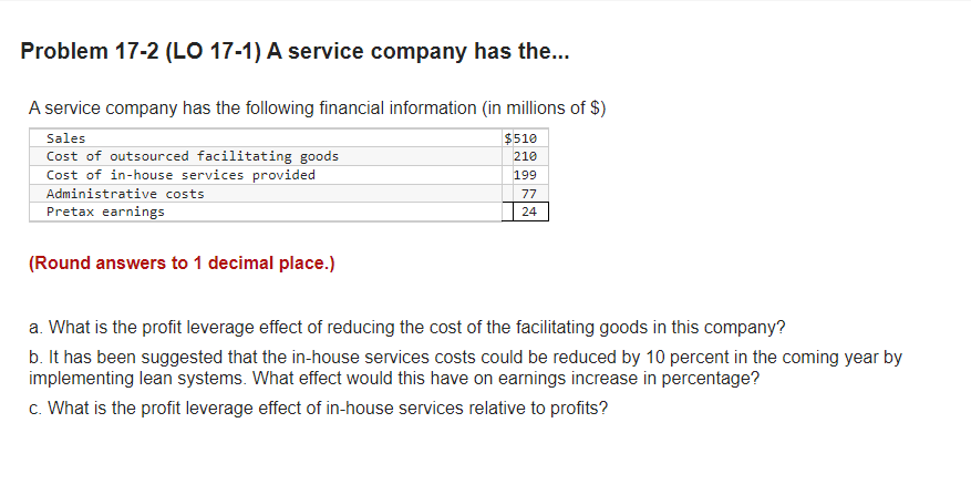 Problem 17-2 (LO 17-1) A service company has the...
A service company has the following financial information (in millions of $)
Sales
$510
210
Cost of outsourced facilitating goods
Cost of in-house services provided
Administrative costs
199
77
Pretax earnings
24
(Round answers to 1 decimal place.)
a. What is the profit leverage effect of reducing the cost of the facilitating goods in this company?
b. It has been suggested that the in-house services costs could be reduced by 10 percent in the coming year by
implementing lean systems. What effect would this have on earnings increase in percentage?
c. What is the profit leverage effect of in-house services relative to profits?