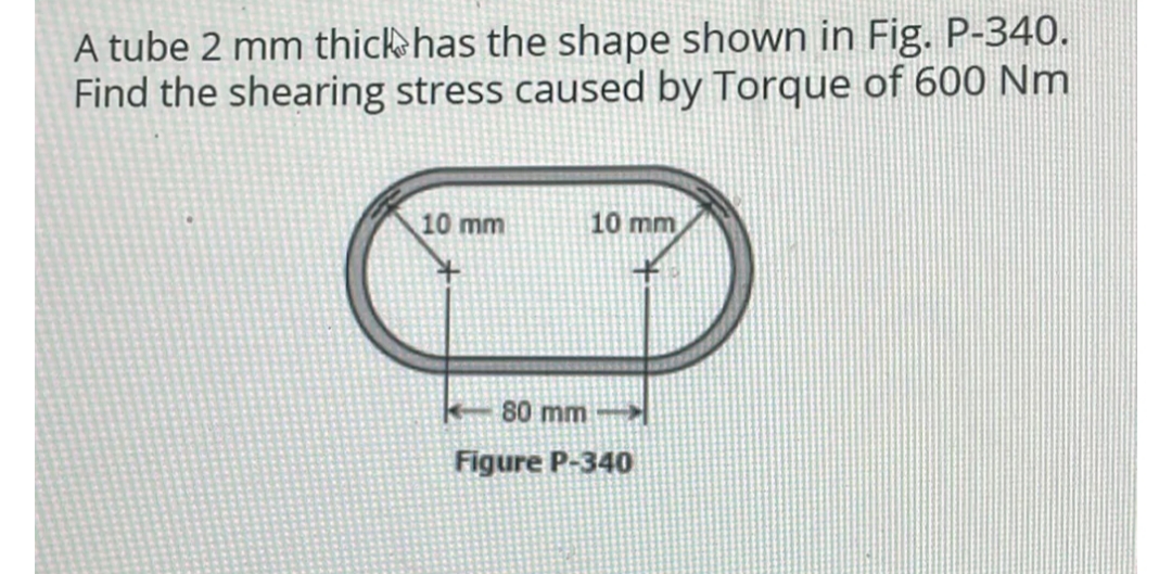 A tube 2 mm thick has the shape shown in Fig. P-340.
Find the shearing stress caused by Torque of 600 Nm
10 mm
10 mm
80 mm
Figure P-340