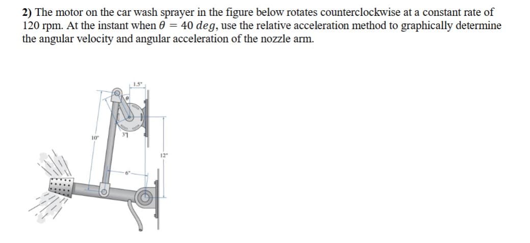 2) The motor on the car wash sprayer in the figure below rotates counterclockwise at a constant rate of
120 rpm. At the instant when 0 = 40 deg, use the relative acceleration method to graphically determine
the angular velocity and angular acceleration of the nozzle arm.
10
31
15