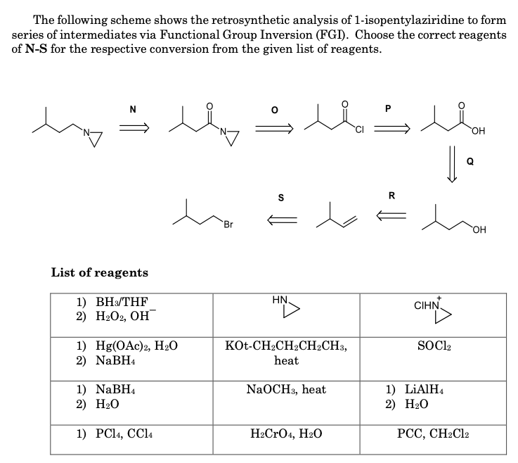 The following scheme shows the retrosynthetic analysis of 1-isopentylaziridine to form
series of intermediates via Functional Group Inversion (FGI). Choose the correct reagents
of N-S for the respective conversion from the given list of reagents.
N
OH
R.
Br
HO.
List of reagents
1) ВН:/ТHF
2) Н:Ог, ОН
HN.
+
CIHN.
1) Hg(OAАc)2, Н20
2) NaBH4
KOt-CH2CH2CH2CH3,
SOC22
heat
1) NaBH,
2) Н:0
1) LIAIH4
2) Н.О
NaOCH3, heat
1) PC14, CC14
H2CRO4, H2O
PCC, CH2CI2
