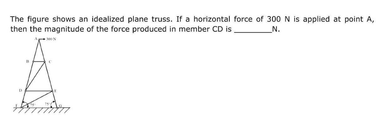 The figure shows an idealized plane truss. If a horizontal force of 300 N is applied at point A,
then the magnitude of the force produced in member CD is
N.
A 300 N
D
B
75
75°
