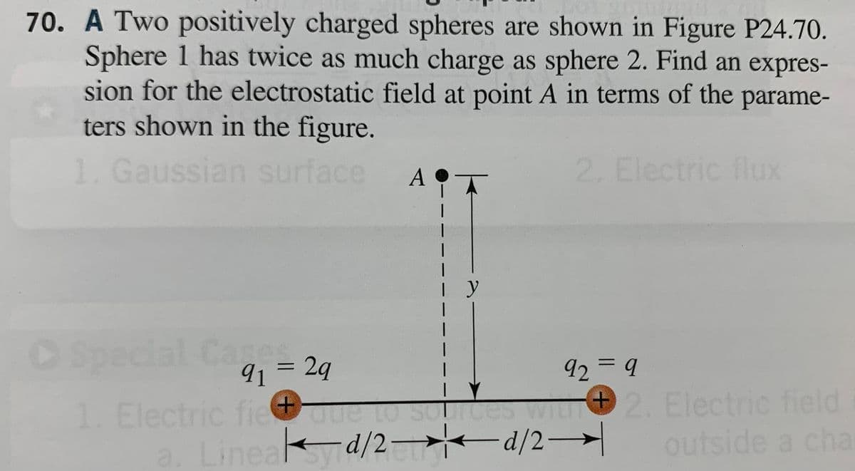 70. A Two positively charged spheres are shown in Figure P24.70.
Sphere 1 has twice as much charge as sphere 2. Find an expres-
sion for the electrostatic field at point A in terms of the parame-
ters shown in the figure.
1. Gaussian surface A
Cage =
91
= 2q
1. Electric fie que to
+
Iy
1
|
2. Electric flux
a. Linead/2d/2
92=9
es WILT
2. Electric field
outside a cha