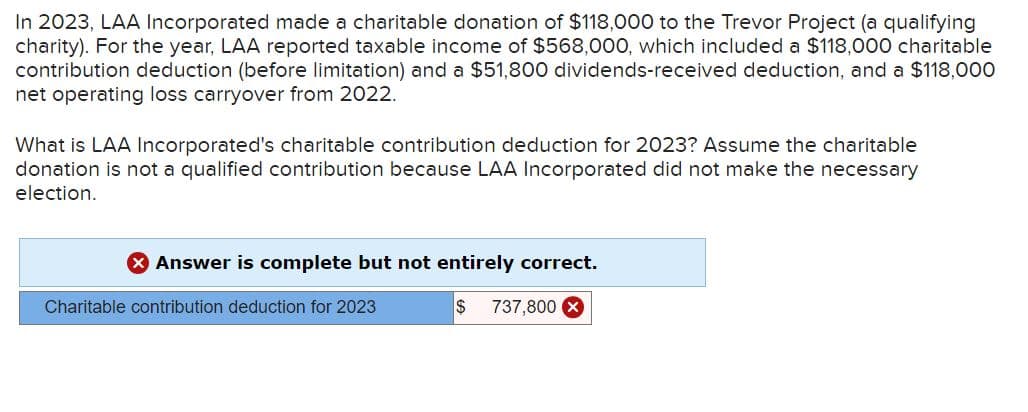 In 2023, LAA Incorporated made a charitable donation of $118,000 to the Trevor Project (a qualifying
charity). For the year, LAA reported taxable income of $568,000, which included a $118,000 charitable
contribution deduction (before limitation) and a $51,800 dividends-received deduction, and a $118,000
net operating loss carryover from 2022.
What is LAA Incorporated's charitable contribution deduction for 2023? Assume the charitable
donation is not a qualified contribution because LAA Incorporated did not make the necessary
election.
> Answer is complete but not entirely correct.
$ 737,800 x
Charitable contribution deduction for 2023