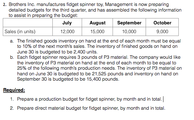2. Brothers Inc. manufactures fidget spinner toy, Management is now preparing
detailed budgets for the third quarter, and has assembled the following information
to assist in preparing the budget:
July
12,000
August
15,000
September
10,000
October
9,000
Sales (in units)
a. The finished goods inventory on hand at the end of each month must be equal
to 10% of the next month's sales. The inventory of finished goods on hand on
June 30 is budgeted to be 2,400 units.
b. Each fidget spinner requires 3 pounds of P3 material. The company would like
the inventory of P3 material on hand at the end of each month to be equal to
25% of the following month's production needs. The inventory of P3 material on
hand on June 30 is budgeted to be 21,525 pounds and inventory on hand on
September 30 is budgeted to be 15,400 pounds.
Required:
1. Prepare a production budget for fidget spinner, by month and in total. |
2. Prepare direct material budget for fidget spinner, by month and in total.