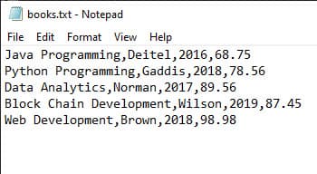 books.txt - Notepad
File Edit Format View Help
Java Programming, Deitel, 2016,68.75
Python Programming, Gaddis, 2018,78.56
Data Analytics, Norman, 2017,89.56
Block Chain Development, Wilson, 2019,87.45
Web Development, Brown, 2018,98.98
