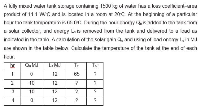A fully mixed water tank storage containing 1500 kg of water has a loss coefficient-area
product of 11.1 WIC and is located in a room at 20°C. At the beginning of a particular
hour the tank temperature is 65.0-C. During the hour energy Qu is added to the tank from
a solar collector, and energy Ls is removed from the tank and delivered to a load as
indicated in the table. A calculation of the solar gain Qu and using of load energy Ls in MJ
are shown in the table below. Calculate the temperature of the tank at the end of each
hour.
hr
Qu MJ
Ls MJ
Ts
Ts*
12
65
?
10
12
?
?
3
10
12
?
?
4
12
?
?
