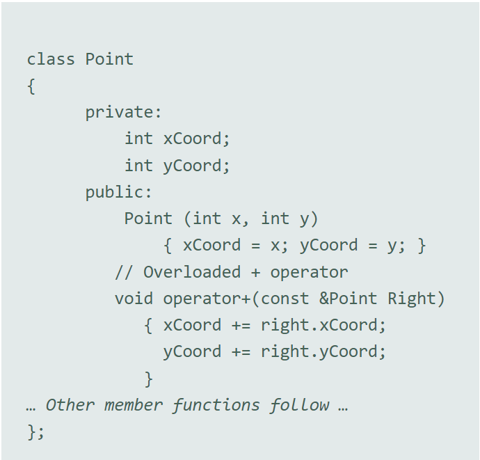 class Point
{
private:
int xCoord;
int yCoord;
public:
Point (int x, int y)
{ xCoord = x; yCoord = y; }
// Overloaded+ operator
void operator+(const &Point Right)
{ xCoord += right.xCoord;
yCoord += right.yCoord;
}
Other member functions follow...
};