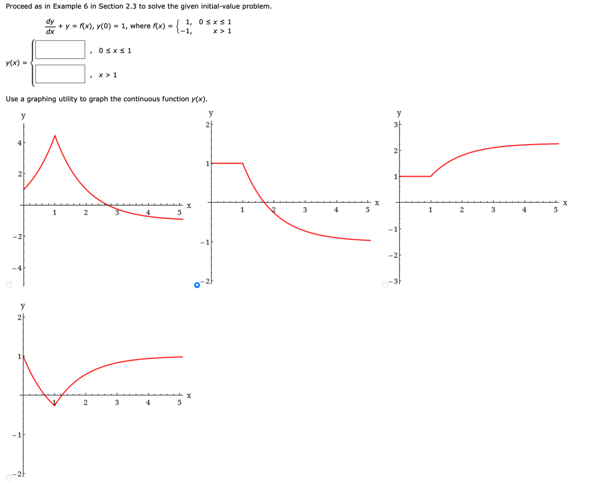 Proceed as in Example 6 in Section 2.3 to solve the given initial-value problem.
dy
+y = f(x), y(0) = 1, where f(x) = { f 1, 0 < x < 1
dx
1-1,
× > 1
y(x) =
y
Use a graphing utility to graph the continuous function y(x).
4
2
-2
-4
y
2
1
-1
1
2
, 0 < x < 1
2
, X > 1
3
4
4
5
5
X
X
y
2
1
3
4
5
X
y
3
2
1
-1
-2
-3-
1
2
3
4
X