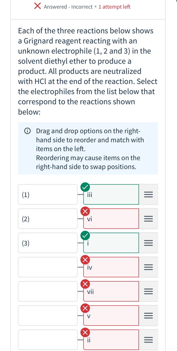 X Answered - Incorrect • 1 attempt left
Each of the three reactions below shows
a Grignard reagent reacting with an
unknown electrophile (1, 2 and 3) in the
solvent diethyl ether to produce a
product. All products are neutralized
with HCl at the end of the reaction. Select
the electrophiles from the list below that
correspond to the reactions shown
below:
O Drag and drop options on the right-
hand side to reorder and match with
items on the left.
Reordering may cause items on the
right-hand side to swap positions.
(1)
ii
(2)
vi
(3)
i
X.
iv
vii
V
ii
II
II
II
II
