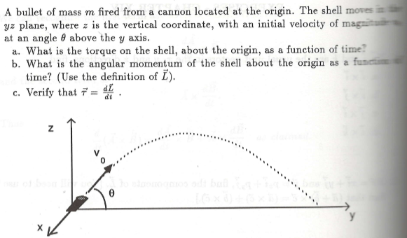 A bullet of mass m fired from a cannon located at the origin. The shell moves i
yz plane, where z is the vertical coordinate, with an initial velocity of magit
at an angle 0 above the y axis.
a. What is the torque on the shell, about the origin, as a function of time?
b. What is the angular momentum of the shell about the origin as a fun
time? (Use the definition of L).
c. Verify that 7 = dl
