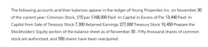 The following accounts and their balances appear in the ledger of Young Properties Inc. on November 30
of the current year: Common Stock, $15 par $168,000 Paid-In Capital in Excess of Par 13,440 Paid-In
Capital from Sale of Treasury Stock 7,300 Retained Earnings 277,000 Treasury Stock 10, 450 Prepare the
Stockholders' Equity section of the balance sheet as of November 30. Fifty thousand shares of common
stock are authorized, and 550 shares have been reacquired.