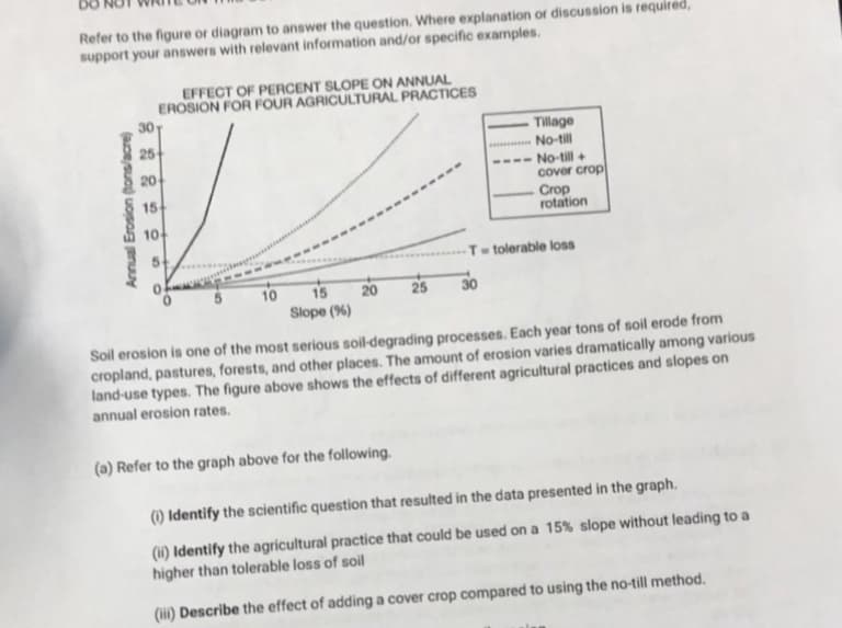 Refer to the figure or diagram to answer the question. Where explanation or discussion is required,
support your answers with relevant information and/or specific examples.
EFFECT OF PERCENT SLOPE ON ANNUAL
EROSION FOR FOUR AGRICULTURAL PRACTICES
30
25
Tillage
No-till
20
No-till +
cover crop
15
Crop
rotation
10
-T- tolerable loss
10
25
30
15
20
Slope (%)
Soil erosion is one of the most serious soil-degrading processes. Each year tons of soil erode from
cropland, pastures, forests, and other places. The amount of erosion varies dramatically among various
land-use types. The figure above shows the effects of different agricultural practices and slopes on
annual erosion rates.
(a) Refer to the graph above for the following.
(1) Identify the scientific question that resulted in the data presented in the graph.
(H) Identify the agricultural practice that could be used on a 15% slope without leading to a
higher than tolerable loss of soil
(ii) Describe the effect of adding a cover crop compared to using the no-till method.
Annual Erosion tons/acre)
