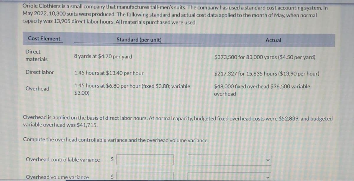 Oriole Clothiers is a small company that manufactures tall-men's suits. The company has used a standard cost accounting system. In
May 2022, 10,300 suits were produced. The following standard and actual cost data applied to the month of May, when normal
capacity was 13,905 direct labor hours. All materials purchased were used.
Cost Element
Direct
materials
Direct labor
Overhead
8 yards at $4.70 per yard
1.45 hours at $13.40 per hour
1.45 hours at $6.80 per hour (fixed $3.80; variable
$3.00)
Standard (per unit)
Overhead controllable variance $
Overhead volume variance
$
Actual
Overhead is applied on the basis of direct labor hours. At normal capacity, budgeted fixed overhead costs were $52,839, and budgeted
variable overhead was $41,715.
Compute the overhead controllable variance and the overhead volume variance.
$373,500 for 83,000 yards ($4.50 per yard)
$217,327 for 15,635 hours ($13.90 per hour)
$48,000 fixed overhead $36,500 variable
overhead