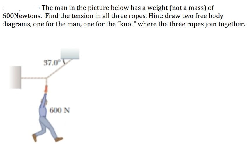The man in the picture below has a weight (not a mass) of
600Newtons. Find the tension in all three ropes. Hint: draw two free body
diagrams, one for the man, one for the "knot" where the three ropes join together.
37.0°
600 N