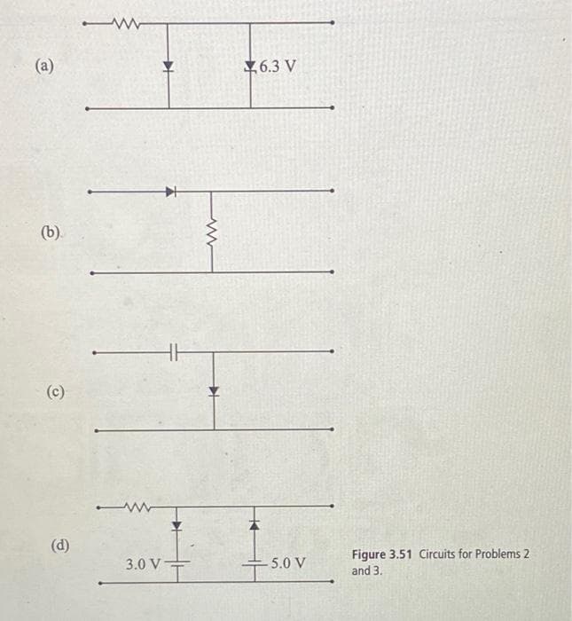 (a)
(b)
(c)
(d)
3.0 V
www
6.3 V
5.0 V
Figure 3.51 Circuits for Problems 2
and 3.