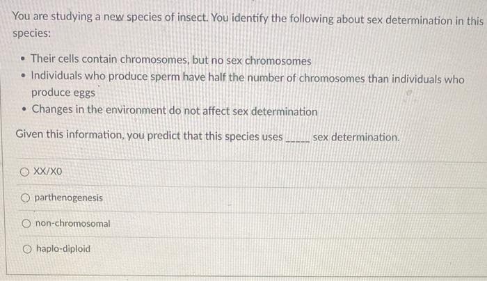You are studying a new species of insect. You identify the following about sex determination in this
species:
. Their cells contain chromosomes, but no sex chromosomes
• Individuals who produce sperm have half the number of chromosomes than individuals who
produce eggs
. Changes in the environment do not affect sex determination
Given this information, you predict that this species uses sex determination.
O XX/XO
O parthenogenesis
O non-chromosomal
O haplo-diploid
