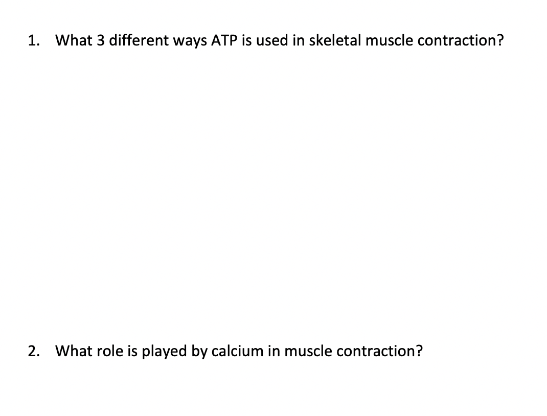 1. What 3 different ways ATP is used in skeletal muscle contraction?
2. What role is played by calcium in muscle contraction?