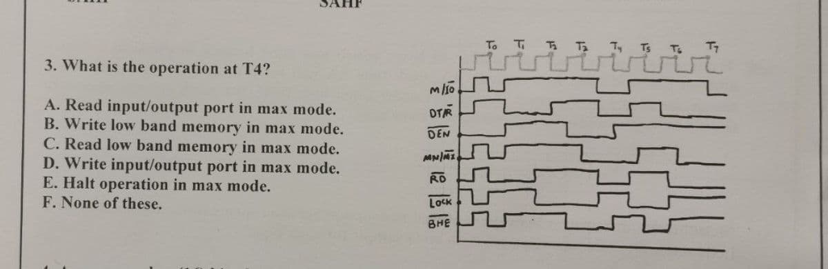 SAHF
To T T T Ts T
T7
3. What is the operation at T4?
A. Read input/output port in max mode.
B. Write low band memory in max mode.
C. Read low band memory in max mode.
D. Write input/output port in max mode.
E. Halt operation in max mode.
OTR
DEN
RO
F. None of these.
Lock
BHE
