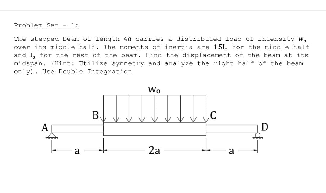 Problem Set - 1:
The stepped beam of length 4a carries a distributed load of intensity Wo
over its middle half. The moments of inertia are 1.5l, for the middle half
and Io for the rest of the beam. Find the displacement of the beam at its
midspan. (Hint: Utilize symmetry and analyze the right half of the beam
only). Use Double Integration
Wo
B
A
D
a
2a
a