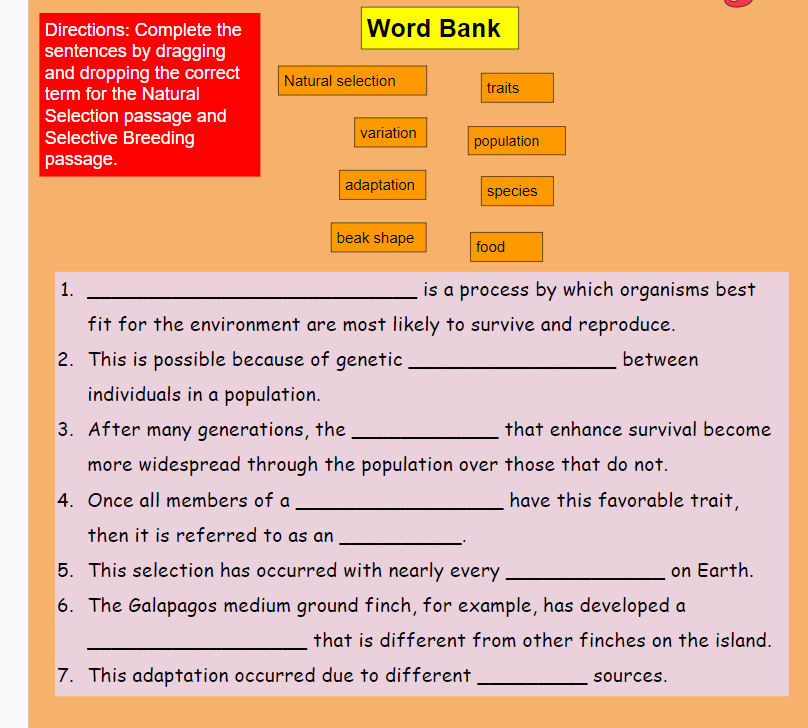 Word Bank
Directions: Complete the
sentences by dragging
and dropping the correct
term for the Natural
Selection passage and
Selective Breeding
Natural selection
traits
variation
population
passage.
adaptation
species
beak shape
food
1.
is a process by which organisms best
fit for the environment are most likely to survive and reproduce.
2. This is possible because of genetic
between
individuals in a population.
3. After many generations, the
that enhance survival become
more widespread through the population over those that do not.
4. Once all members of a
have this favorable trait,
then it is referred to as an
5. This selection has occurred with nearly every
on Earth.
6. The Galapagos medium ground finch, for example, has developed a
that is different from other finches on the island.
7. This adaptation occurred due to different
sources.
