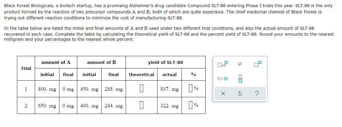 Black Forest Biologicals, a biotech startup, has a promising Alzheimer's drug candidate Compound SLT-88 entering Phase I trials this year. SLT-88 is the only
product formed by the reaction of two precursor compounds A and B, both of which are quite expensive. The chief medicinal chemist of Black Forest is
trying out different reaction conditions to minimize the cost of manufacturing SLT-88.
recovered in each case. Complete the table by calculating the theoretical yield of SLT-88 and the percent yield of SLT-88. Round your amounts to the nearest
milligram and your percentages to the nearest whole percent.
In the table below are listed the initial and final amounts of A and B used under two different trial conditions, and also the actual amount of SLT-88
amount of B
yield of SLT-88
amount of A
Trial
initial
final
theoretical
actual
initial
final
%
800. mg
450. mg
0 mg
288. mg
837. mg
1
0 mg
400. mg
244. mg
322. mg
2
650. mg
