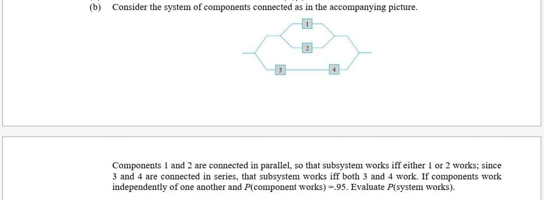 (b)
Consider the system of components connected as in the accompanying picture.
4
Components 1 and 2 are connected in parallel, so that subsystem works iff either 1 or 2 works; since
3 and 4 are connected in series, that subsystem works iff both 3 and 4 work. If components work
independently of one another and P(component works) =.95. Evaluate P(system works).
