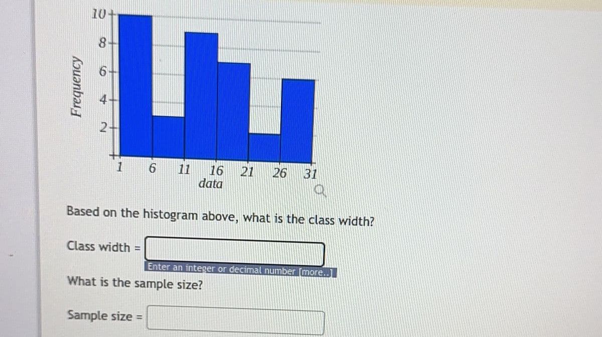 Frequency
10+1
8
6+
5
2+
1
6 11
Class width=
16 21 26 31
data
Based on the histogram above, what is the class width?
Enter an integer or decimal number [more..]
What is the sample size?
Sample size =