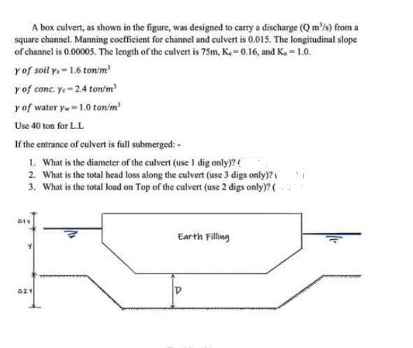 A box culvert, as shown in the figure, was designed to carry a discharge (Q m'is) from a
square channel. Manning coefficient for channel and culvert is 0.015. The longitudinal slope
of channel is 0.0000s. The length of the culvert is 75m, K.- 0.16, and Ke = 1.0.
y of soil y, = 1.6 ton/m
y of conc. ye- 24 ton/m
y of water yw=1.0 ton/m
Use 40 ton for L.L
If the entrance of culvert is full submerged: -
1. What is the diameter of the culvert (use 1 dig only)?
2. What is the total head loss along the culvert (use 3 digs only)?
3. What is the total load on Top of the culvert (use 2 digs only)? (
Earth Filling
0.2Y
