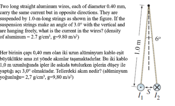 Two long straight aluminum wires, each of diameter 0.40 mm,
carry the same current but in opposite directions. They are
suspended by 1.0-m-long strings as shown in the figure. If the
suspension strings make an angle of 3.0° with the vertical and
are hanging freely, what is the current in the wires? (density
of aluminum = 2.7 g/cm³, g=9.80 m/s²)
6°
Her birinin çapı 0,40 mm olan iki uzun alüminyum kablo eşit
büyüklükte ama zıt yönde akımlar taşımaktadırlar. Bu iki kablo
1,0 m uzunluğunda ipler ile askıda tutulurken iplerin düşey ile
yaptığı açı 3,0° olmaktadır. Tellerdeki akım nedir? (alüminyum
yoğunluğu= 2,7 g/cm³, g=9,80 m/s²)
1.0 m
