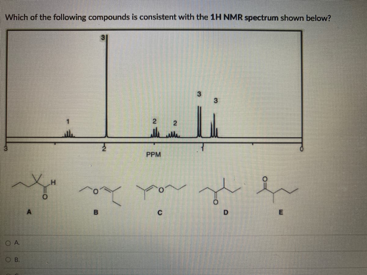 Which of the following compounds is consistent with the 1H NMR spectrum shown below?
3
1
2
2
A.
OB.
you
B
عسل
PPM
گا
U
ہوپا