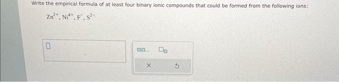 Write the empirical formula of at least four binary ionic compounds that could be formed from the following ions:
Zn²*, Ni, F, S²-
0
Dp
Do